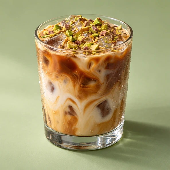 Iced espresso with oat milk and pistachio finish