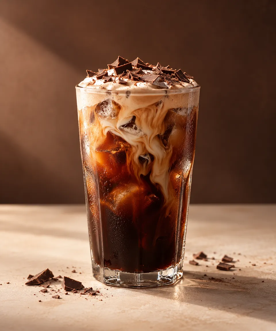 Dark chocolate cold brew with milk swirls and chocolate shavings