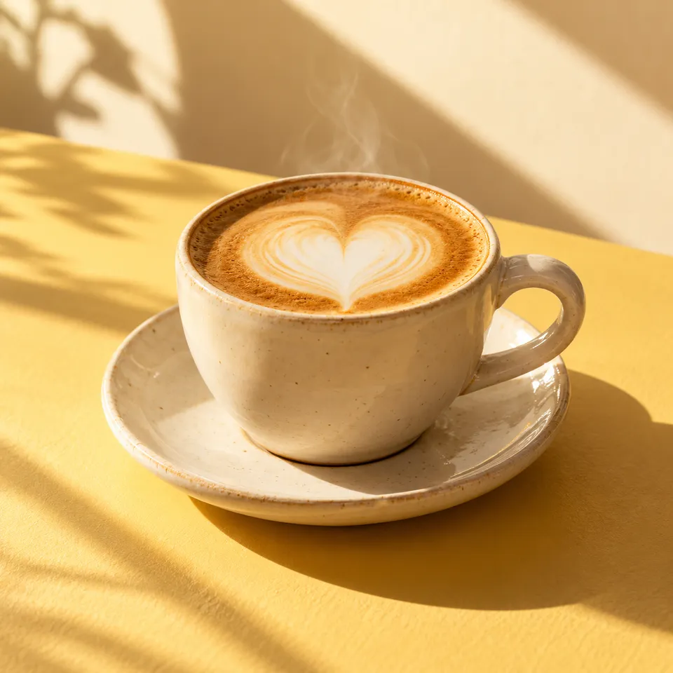 Flat white in a speckled ceramic cup with heart latte art