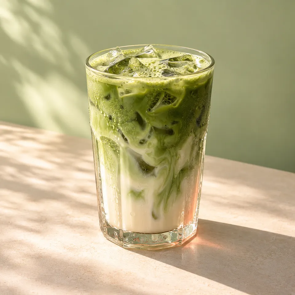 Iced matcha latte with green tea swirling into milk