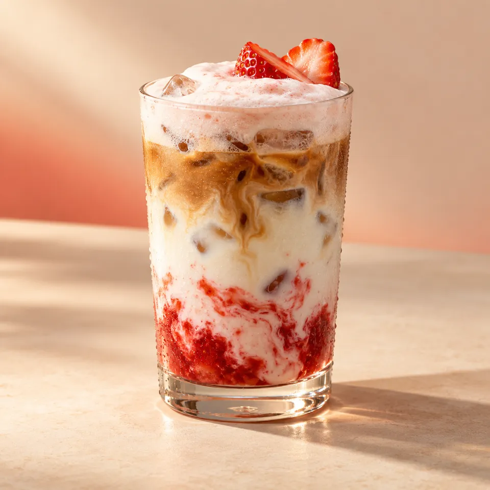 Strawberry cloud latte layered over ice with fresh strawberry