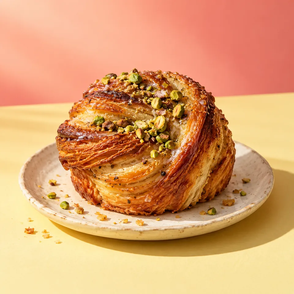 Glazed cardamom morning bun with pistachios on a speckled plate