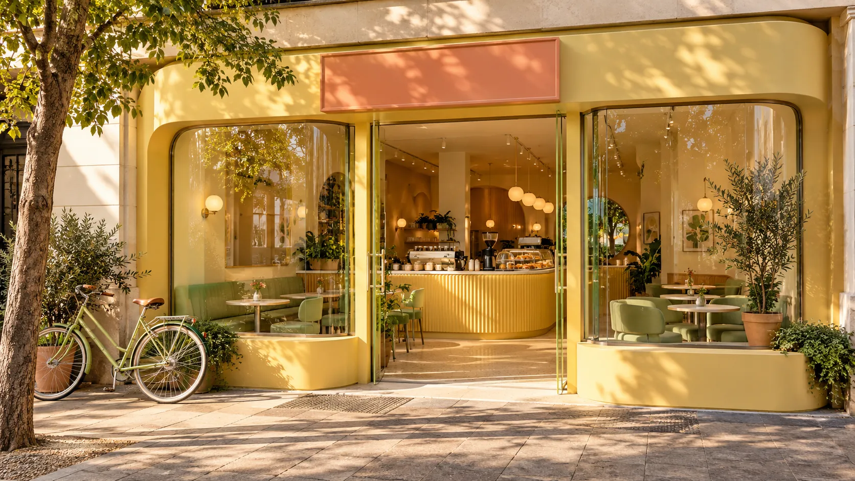 Butter-yellow café storefront with open doors, green chairs inside and a bicycle outside
