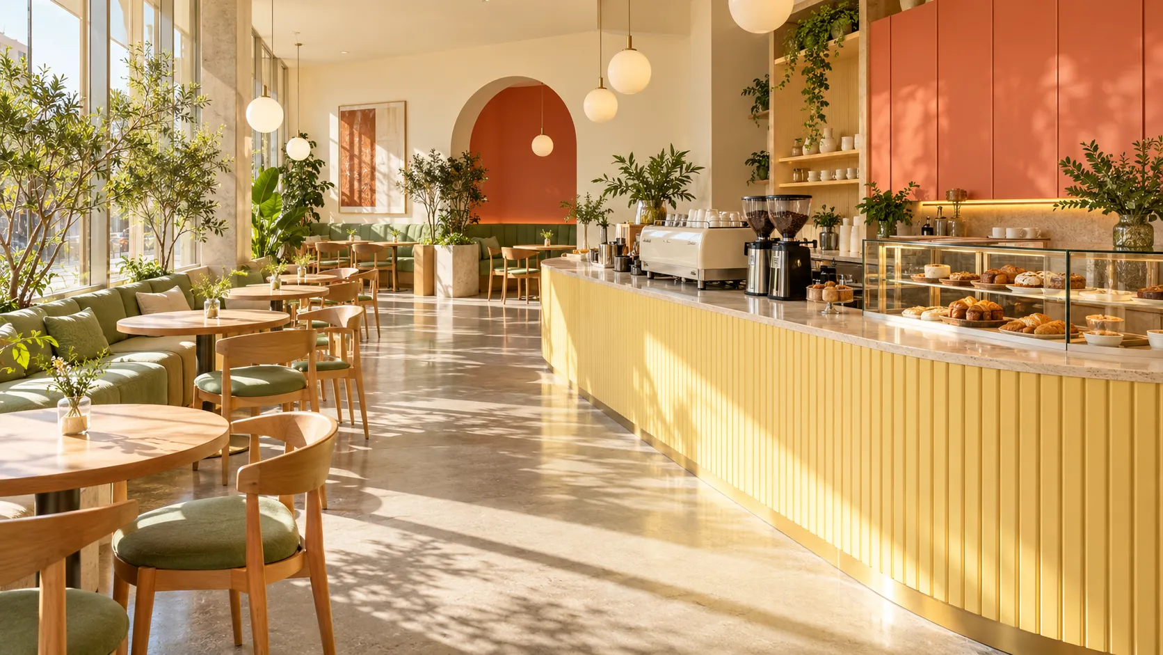 Sunlit café interior with a glowing yellow counter, pistachio seating and a coral wall